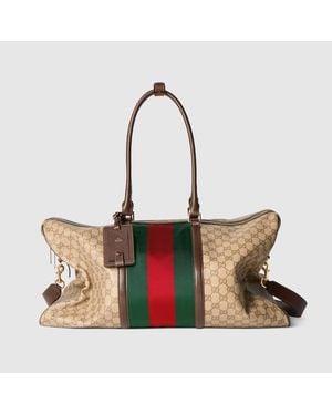 Gucci Medium Gg Duffle Bag With Web, Original Gg Fabric - Natural