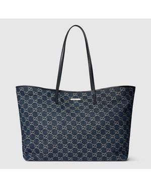 Gucci Large Tote Bag With Plaque, Fabric - Blue