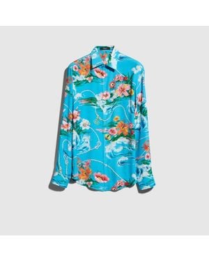 Gucci Printed Fluid Fabric Shirt, Size 14 - Blue