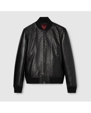Gucci Embossed Gg Leather Bomber Jacket - Black
