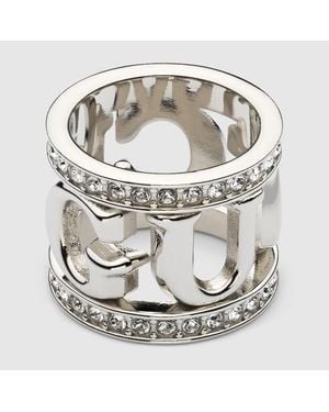 Gucci Logo Carré Ring With Crystals, Metal - Metallic
