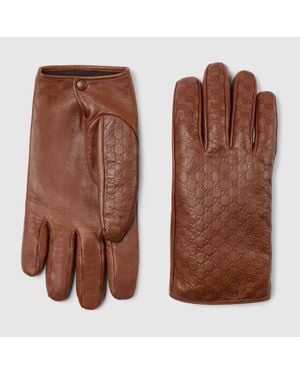 Gucci Handschuhe Aus Leder Mit Gg Prägung, Größe - Braun