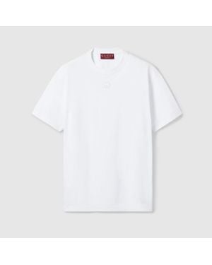 Gucci Camiseta De Punto De Algodón Con Bordado, Talla - Blanco