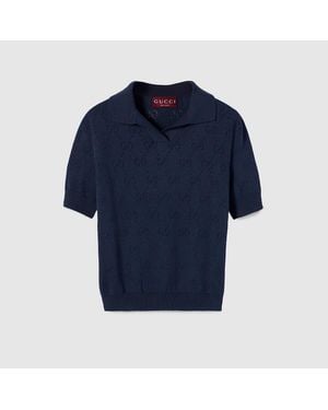 Gucci Gg Pointelle Cotton Silk Polo Shirt - Blue