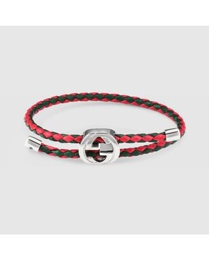 Gucci Braided Leather Bracelet With Web - Red