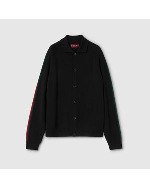 Gucci Cardigan En Laine Tricotée Et Soie Avec Bande Web, Taille - Noir