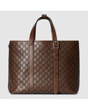 Gucci Gg Emblem Large Tote Bag, Leather - Brown