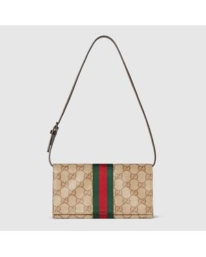 Gucci Small Pouch With Strap And Web, Gg Canvas - Natural