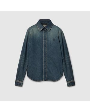 Gucci Chemise En Denim De Coton Avec Broderie, Taille - Blau