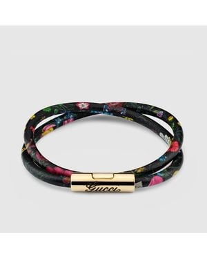 Gucci Pulsera Doble De Piel Con Inscripción, Talla - Negro