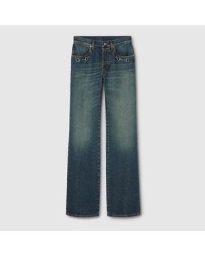 Gucci Pantalón De Denim De Algodón Con Horsebit, Talla - Azul