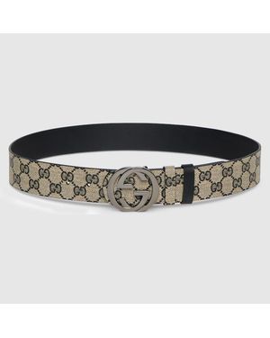 Gucci Reversible Belt With Interlocking G Buckle, Size 95, Gg Canvas - Black