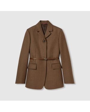 Gucci Houndstooth Wool Jacket With Embroidery - Brown