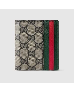 Gucci Small Bi-Fold Wallet With Web Card Slots, Original Gg Fabric - Green