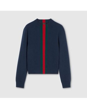 Gucci Pull En Maille De Laine Fine Avec Bande Web, Taille - Bleu