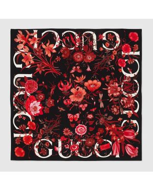 Gucci Floral Print Silk Carré - Red