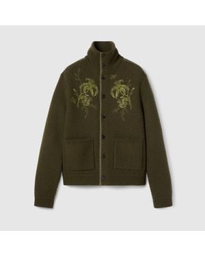 Gucci Wool Knit Cardigan With Embroidery - Green