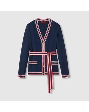 Gucci Self-Tie Cardigan With Striped Trim - Blue