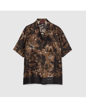 Gucci Camisa Bowling De Sarga De Seda Estampada, Talla - Marrón