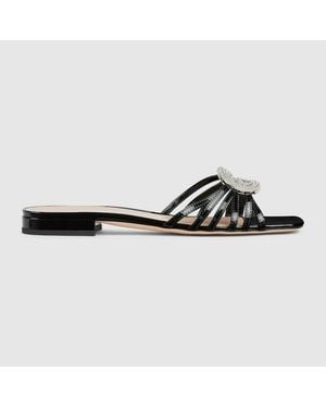Gucci Slide With Crystal Interlocking G, Leather - Black