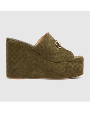 Gucci Wedge Sandal With Horsebit, Gg Canvas - Green