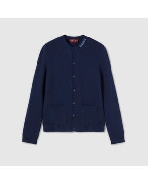 Gucci Felted Wool Knit Cardigan With Intarsia - Blue