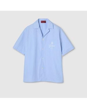 Gucci Camisa Bowling De Popelina A Rayas Finas, Talla - Azul
