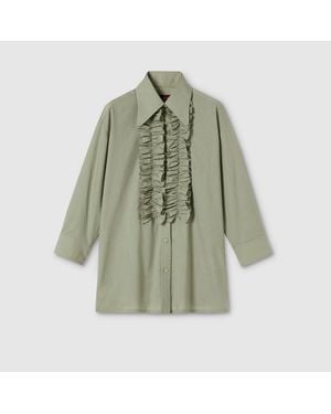 Gucci Cotton Muslin Shirt With Ruffle Trim, Size 42 It, Ready-To-Wear - Green