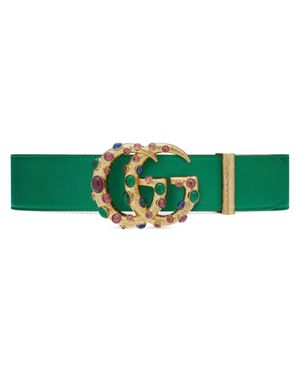 Gucci Leather Belt With Crystal Double G Buckle - Green