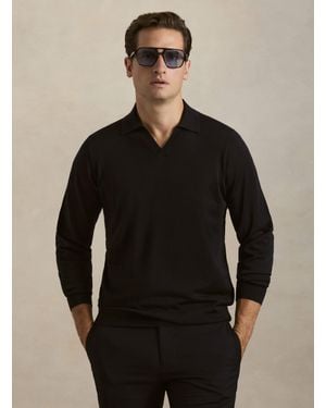 Gutteridge Langarm-Poloshirt Aus Merinowolle Mit Offenem Kragen - Schwarz