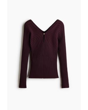 H&M Top En Maille Côtelée Avec Encolure En V - Violet