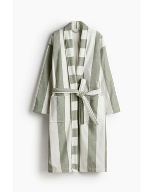 H&M Robe De Chambre Rayée En Coton Éponge - Blanc