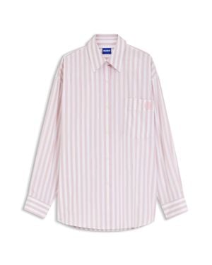 HUGO Striped-Cotton Oversized-Fit Blouse With Happy Logo - Pink