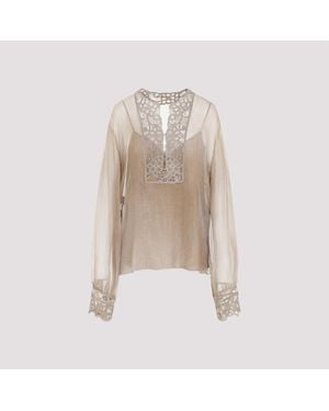 Ermanno Scervino Pure Silk Blouse With Floral Cutwork - Natural