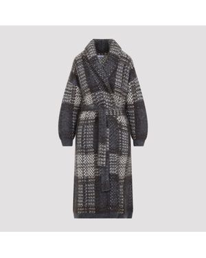Brunello Cucinelli Avorio Piombo Macrocheck Cardigan Coat - Grey