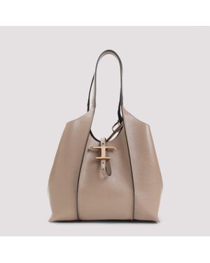 Tod's Light Clay Grained Leather T Timeless Small Shopping Bag - Natural