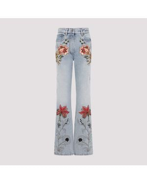 Valentino Light Wash Denim Cotton Embroidered Flowers 5 Pockets Jeans - Blue