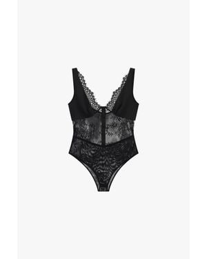 Imperial Body Con Escote En V E Inserciones De Encaje - Negro