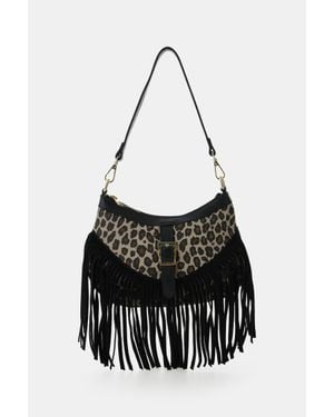 Imperial Bolso Con Flecos Y Estampado Animal - Negro