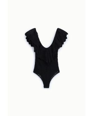 Imperial Body De Encaje Con Manga Corta Volante - Negro