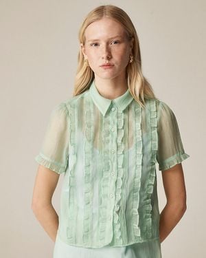 J.Crew Sheer Ruffle-Trim Button-Up Top - Green