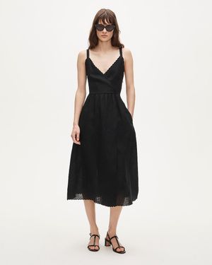 J.Crew Linen Faux-Wrap Scallop-Trim Dress - Black