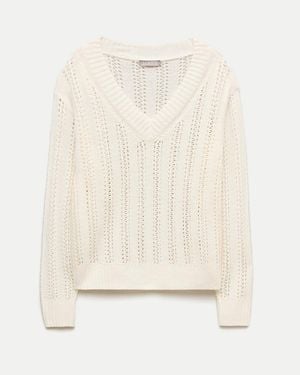 J.Crew Open-Knit V-Neck Sweater - Natural