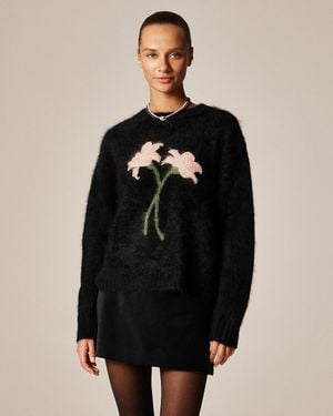J.Crew Brushed Cashmere Relaxed Crewneck Sweater With Floral Intarsia - Black