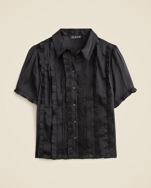 J.Crew Sheer Ruffle-Trim Button-Up Top - Black