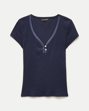J.Crew Perfect Rib V-Neck Henley With Satin Trim - Blue