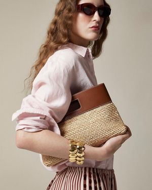J.Crew Handknotted Raffia Rectangular Clutch With Leather Handles - Natural