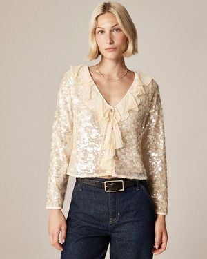 J.Crew Embellished Ruffle-Trim Sequin Long-Sleeve Shirt - Natural
