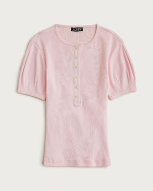 J.Crew Perfect Rib Puff-Sleeve Henley Shirt - Pink