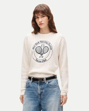 J.Crew "Perfect Cashmere Cable-Knit Crewneck With "Tennis Club" Intarsia" - White